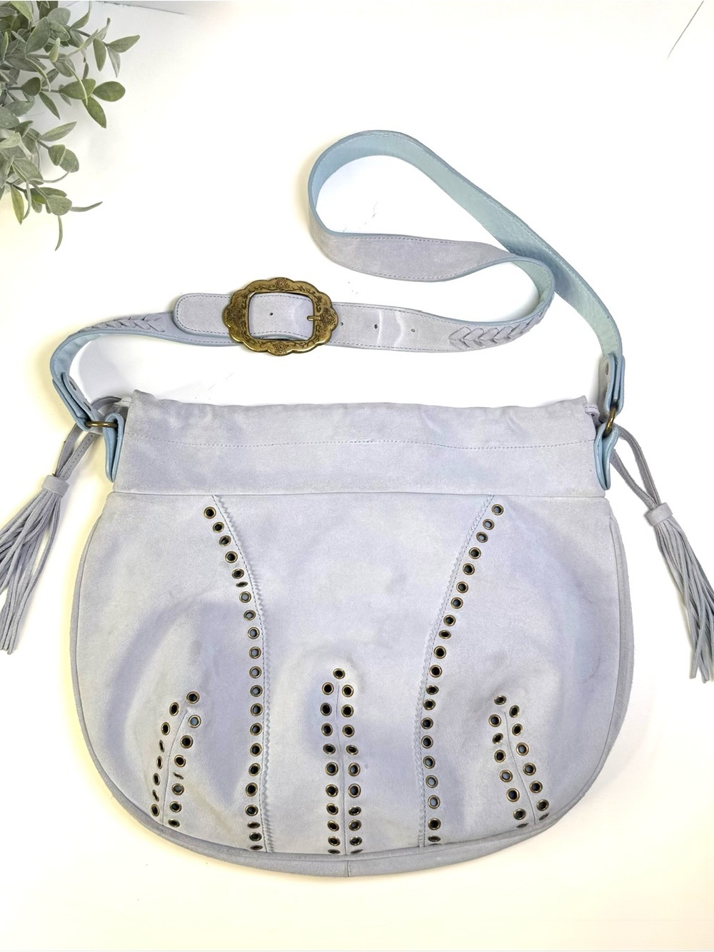 Marshall Field's Vintage Light Blue Suede Leather Eyelet Hobo Boho Shoulder Bag